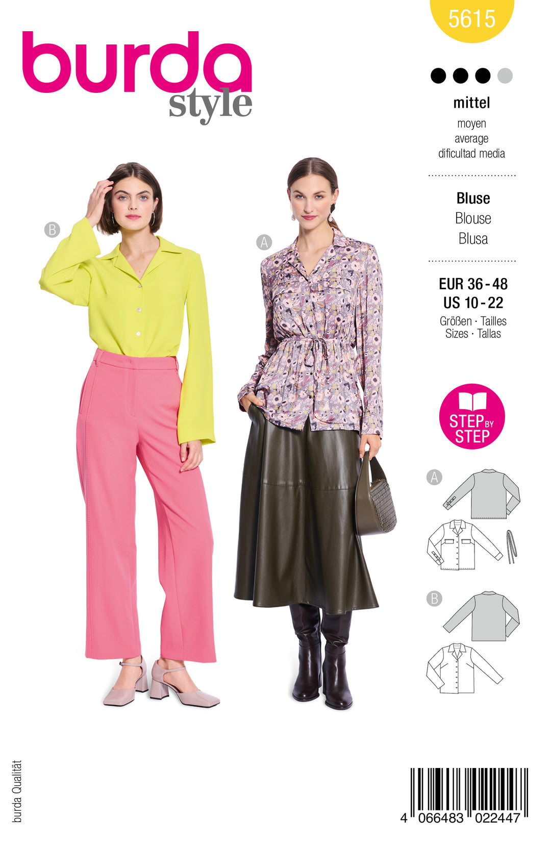 Burda Schnittmuster 5615 – Damen Hemdbluse & Retro-Bluse mit Reverskragen