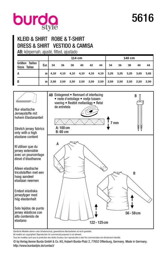 Burda Schnittmuster 5616 – Damen Jersey-Kleid & Langarmshirt mit Drapierung