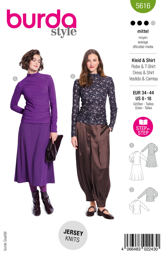 Burda Schnittmuster 5616 – Damen Jersey-Kleid & Langarmshirt mit Drapierung