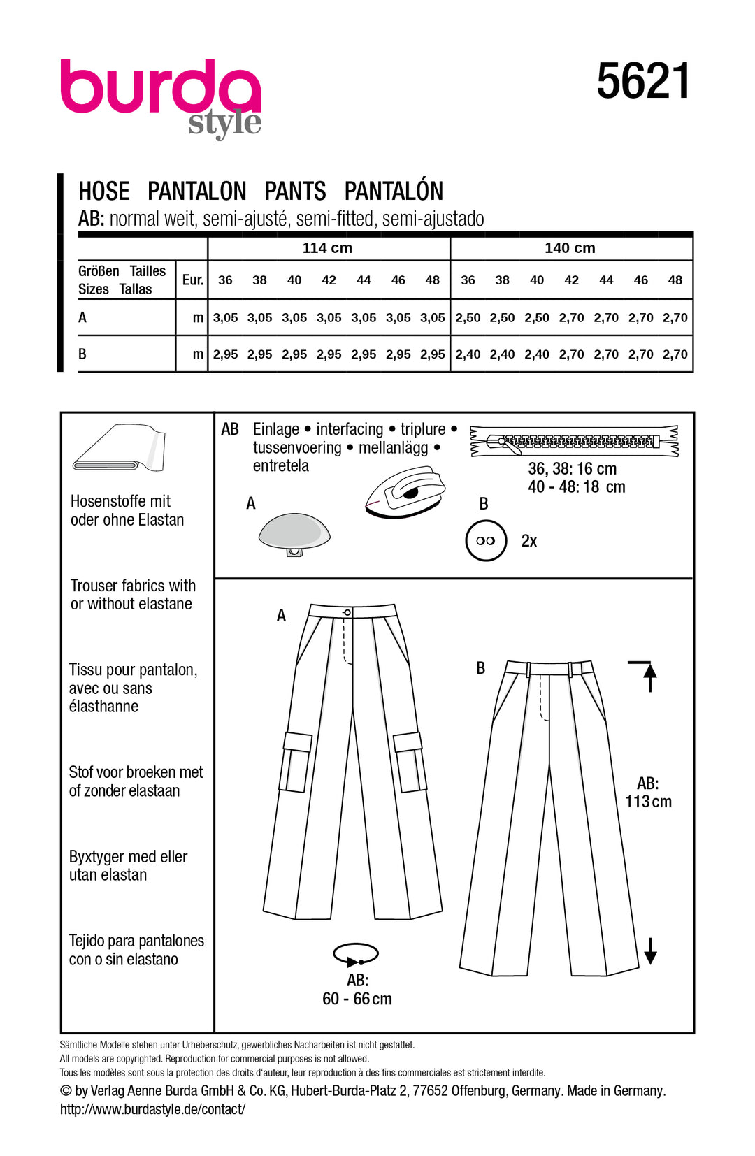 Burda Schnittmuster 5621 Damen Weite Bundfaltenhosen