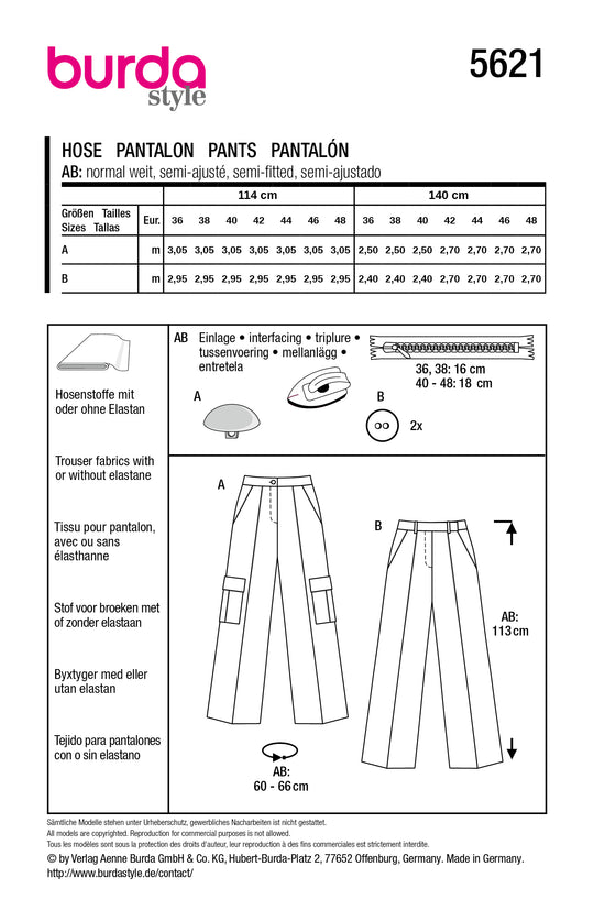 Burda Schnittmuster 5621 Damen Weite Bundfaltenhosen