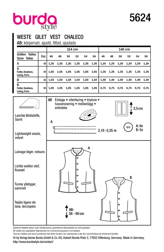 Burda Schnittmuster 5624 – Herren Trachtenweste & klassische Weste