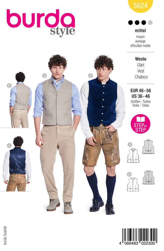 Burda Schnittmuster 5624 – Herren Trachtenweste & klassische Weste