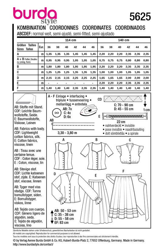Burda Schnittmuster 5625 – Damen Dirndl-Set mit Mieder, Blusen, Midi-Rock & Schürze