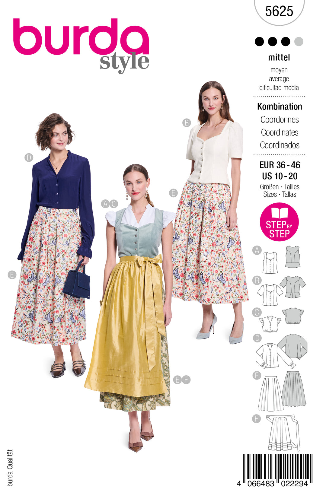 Burda Schnittmuster 5625 – Damen Dirndl-Set mit Mieder, Blusen, Midi-Rock & Schürze