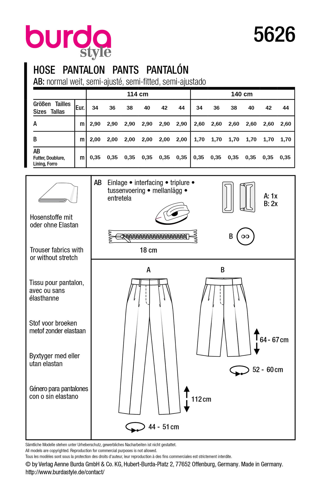 Burda Schnittmuster 5626 – Damen Bundfaltenhose & Bermudashorts