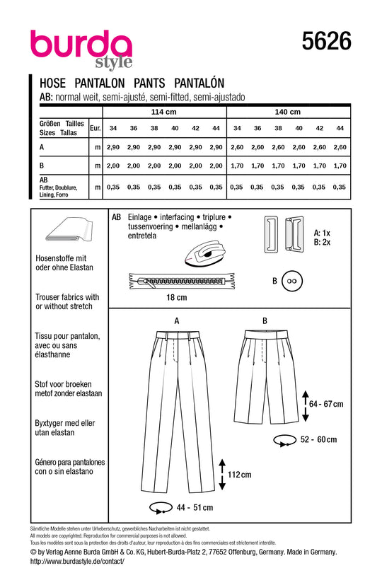 Burda Schnittmuster 5626 – Damen Bundfaltenhose & Bermudashorts