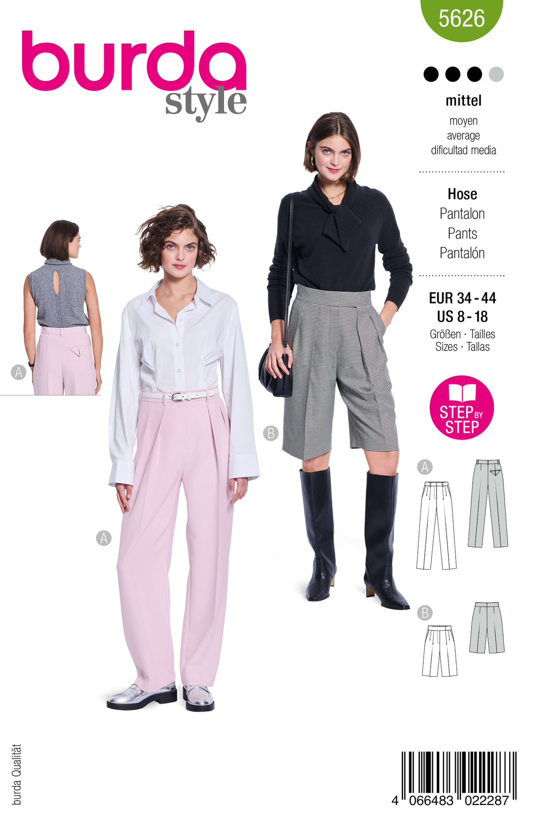 Burda Schnittmuster 5626 – Damen Bundfaltenhose & Bermudashorts