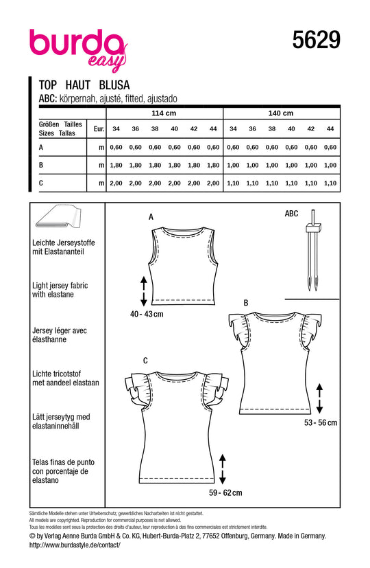 Burda Schnittmuster 5629 – Damen Kurzarm-Tops