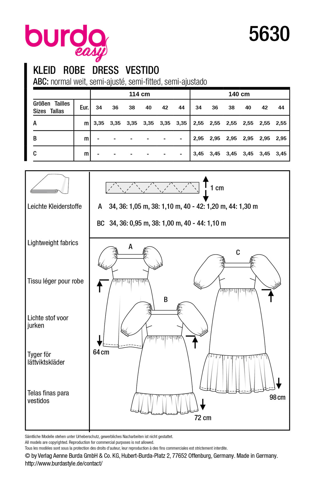 Burda Schnittmuster 5630 – Damen Sommerkleider mit Puffärmeln