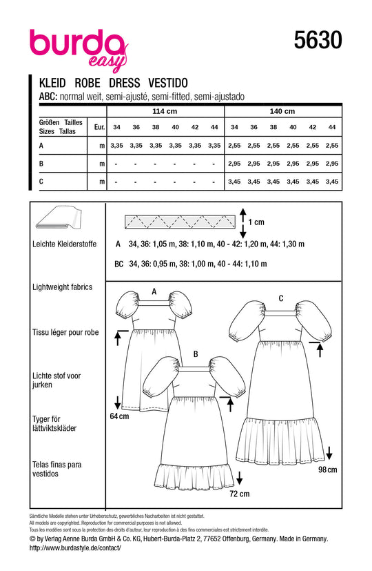 Burda Schnittmuster 5630 – Damen Sommerkleider mit Puffärmeln