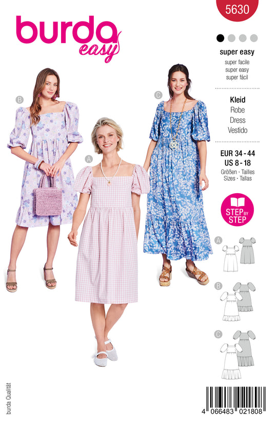 Burda Schnittmuster 5630 – Damen Sommerkleider mit Puffärmeln