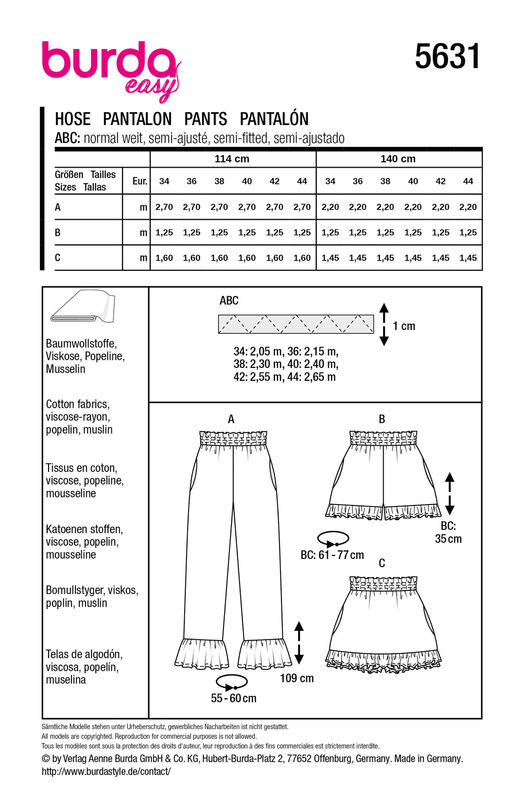 Burda Schnittmuster 5631 - Damen Hose & Shorts mit Rüschen