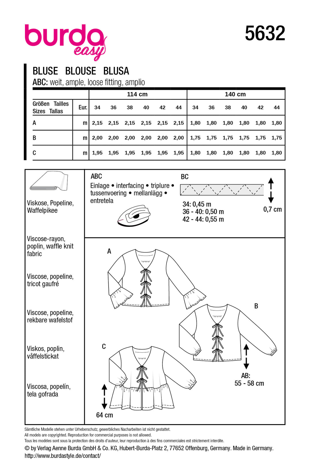 Burda Schnittmuster 5632 – Damen Blusen mit Bindebändern