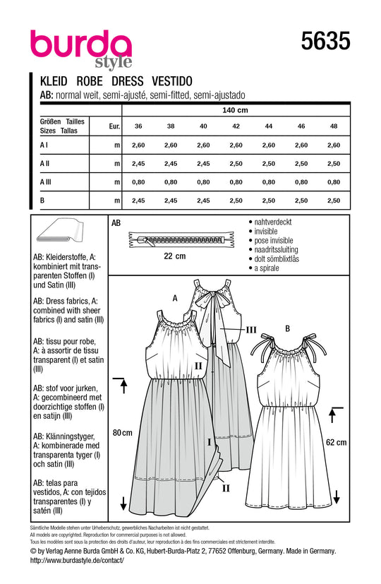 Burda Schnittmuster 5635 – Damen Sommerkleider mit Träger