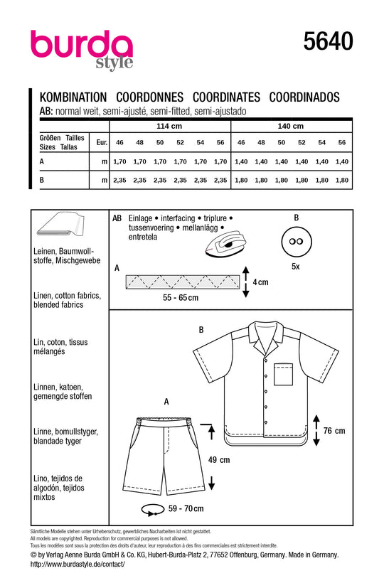 Burda Schnittmuster 5640 – Herren Set Hemd & Shorts