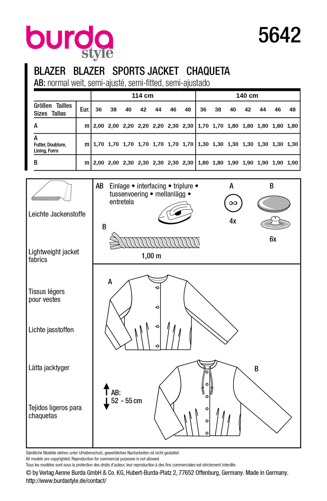 Burda Schnittmuster 5642 - Damen Jacken mit Saumfalten