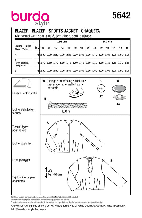 Burda Schnittmuster 5642 - Damen Jacken mit Saumfalten