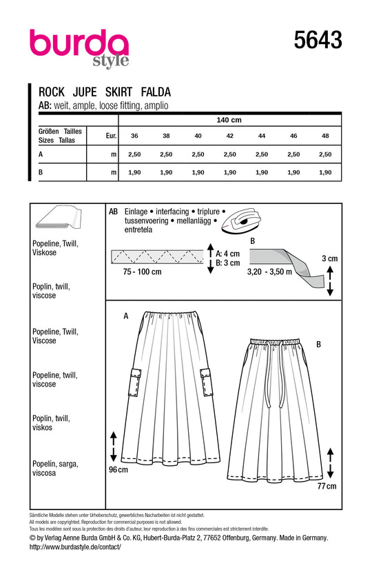 Burda Schnittmuster 5643 – Damen Faltenröcke