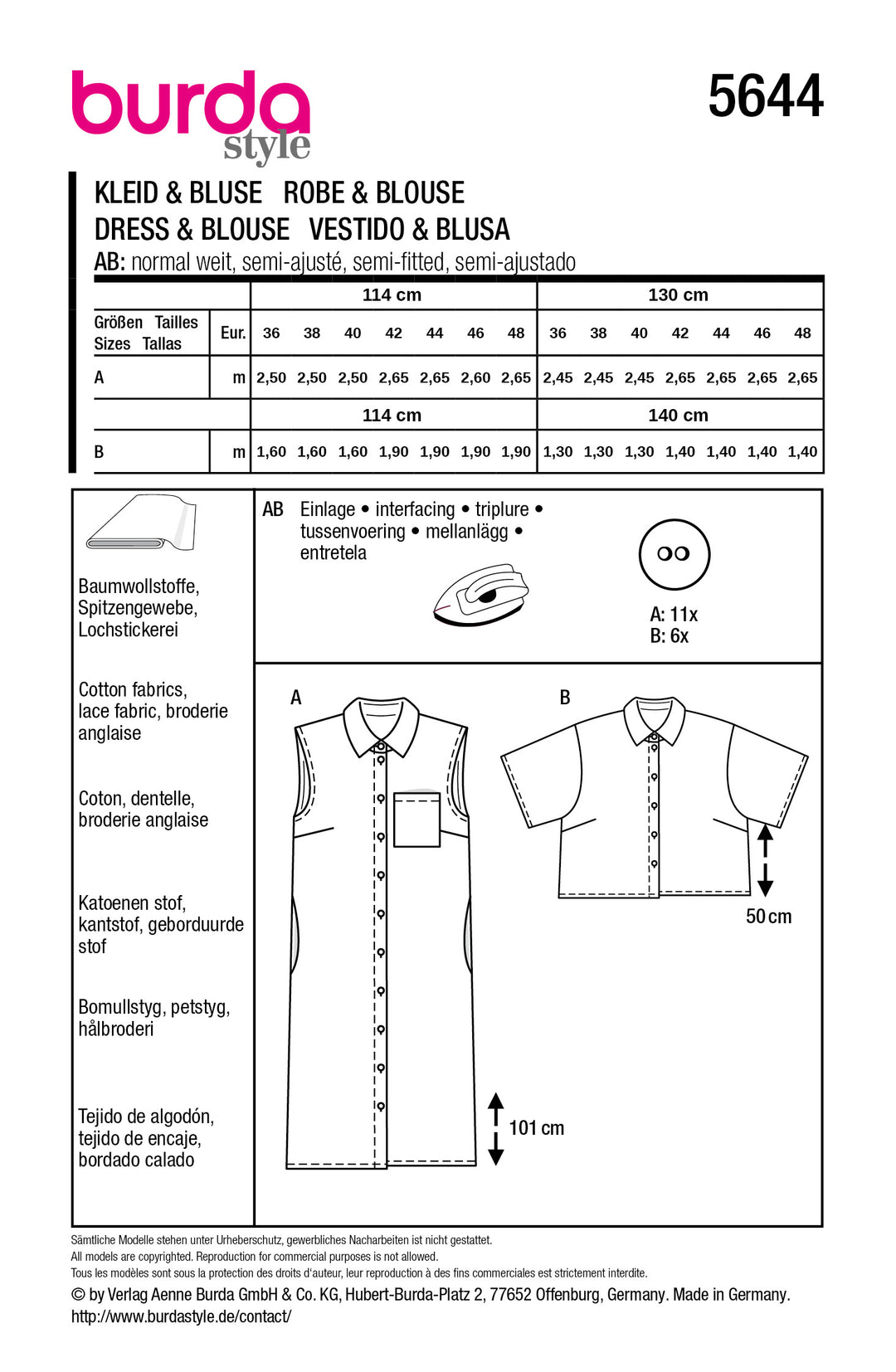 Burda Schnittmuster 5644 – Damen Blusenkleid & Bluse
