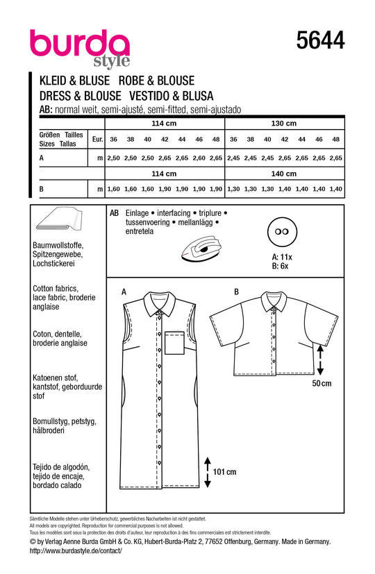 Burda Schnittmuster 5644 – Damen Blusenkleid & Bluse