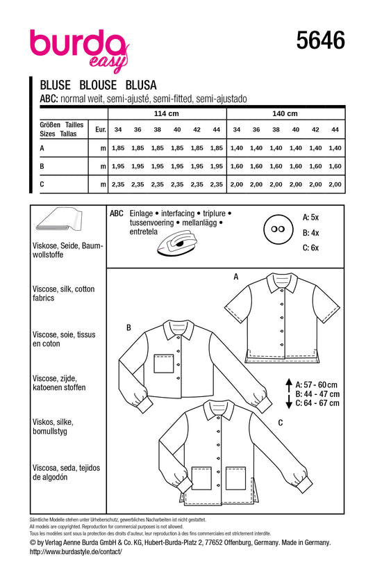 Burda Schnittmuster 5646 – Damen Hemdblusen