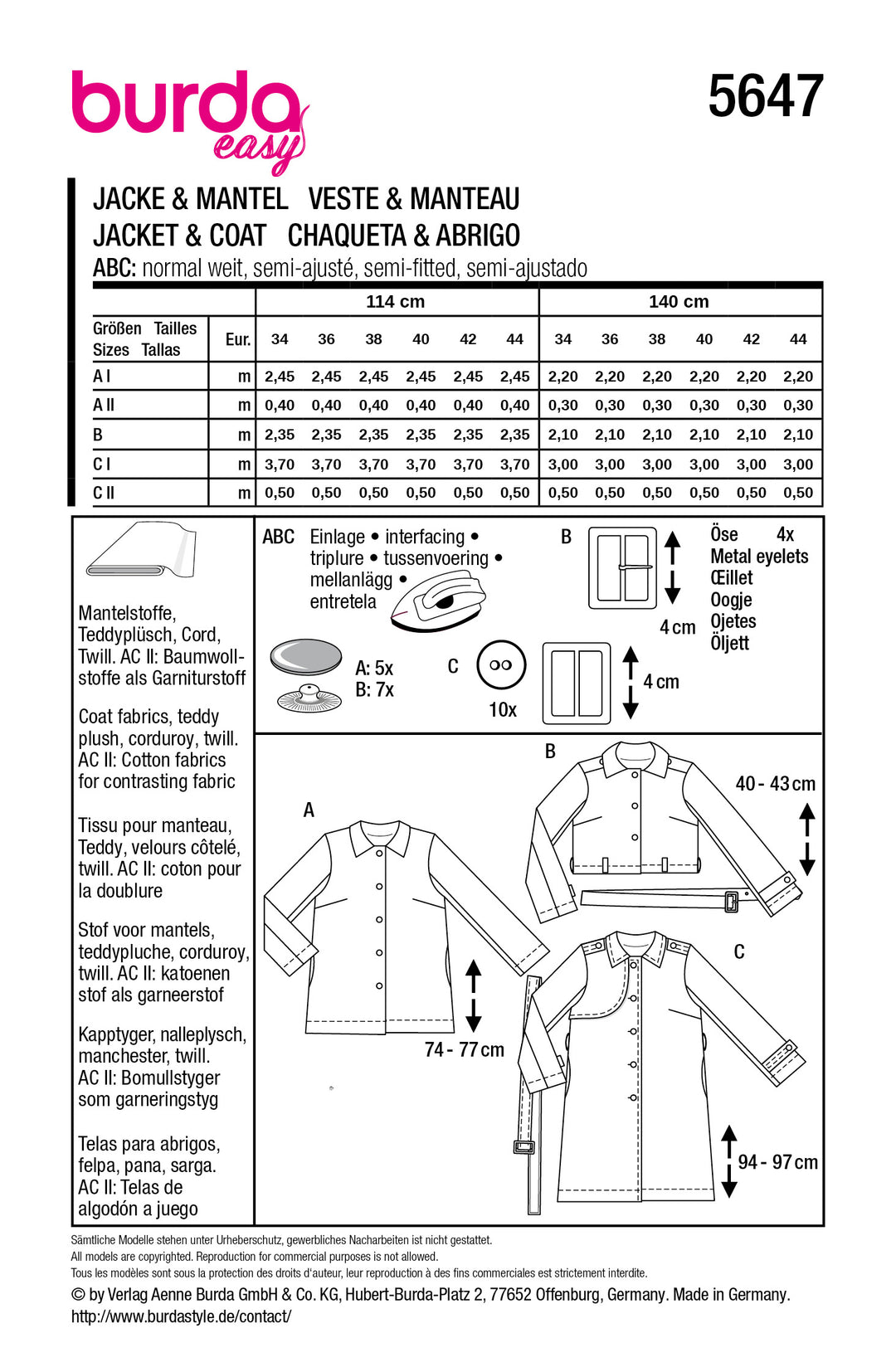 Burda Schnittmuster 5647 – Damen Trenchcoat & Mäntel