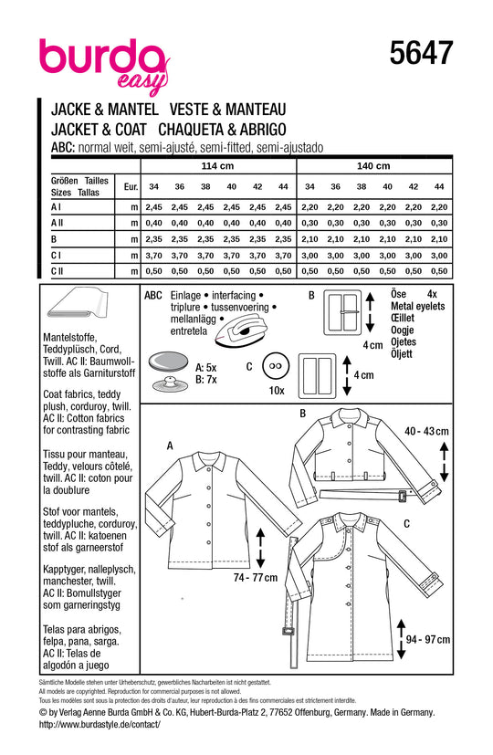 Burda Schnittmuster 5647 – Damen Trenchcoat & Mäntel