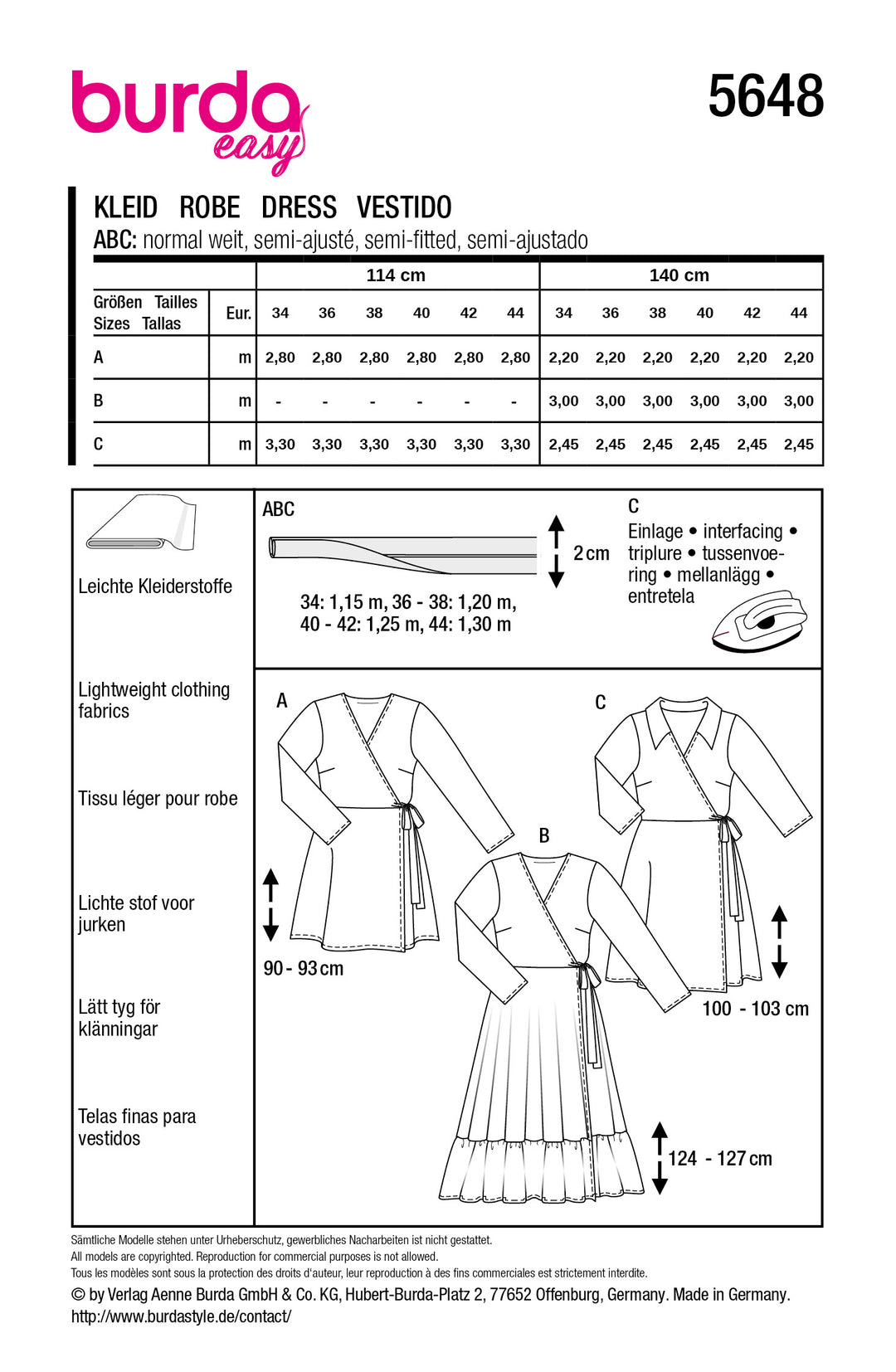 Burda Schnittmuster 5648 – Damen Wickelkleider mit V-Ausschnitt