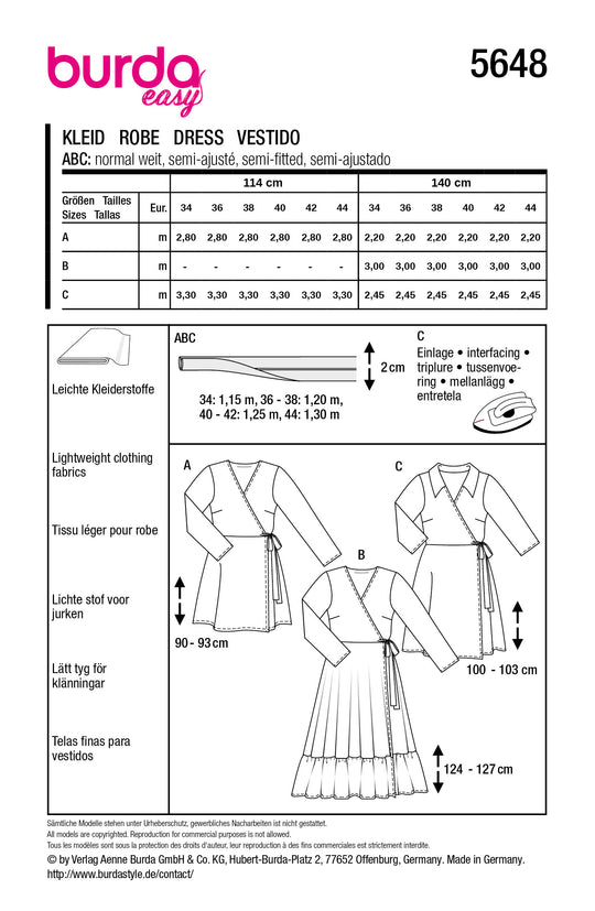 Burda Schnittmuster 5648 – Damen Wickelkleider mit V-Ausschnitt