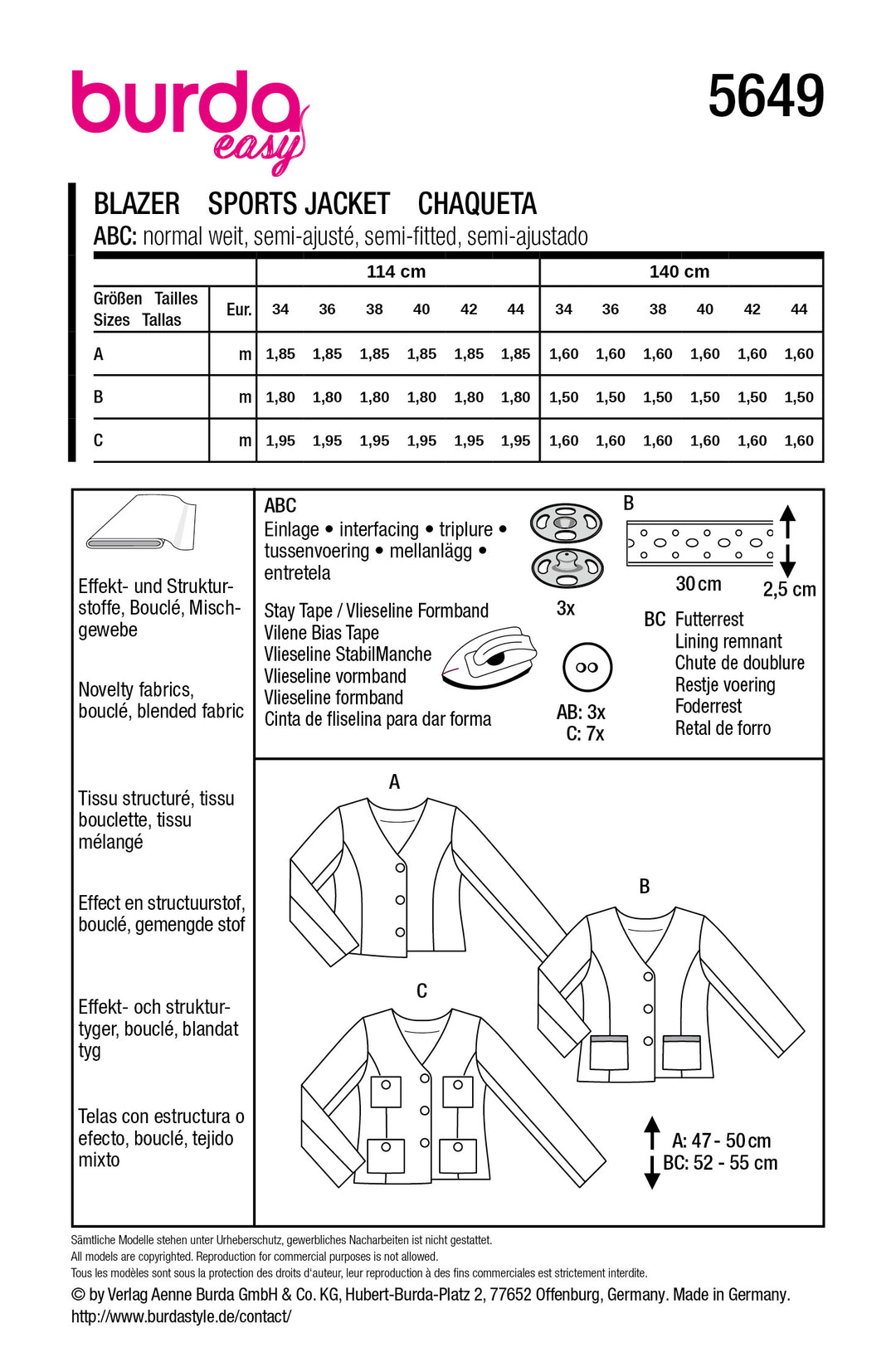 Burda Schnittmuster 5649 – Damen Blazer & Bouclé-Jacken
