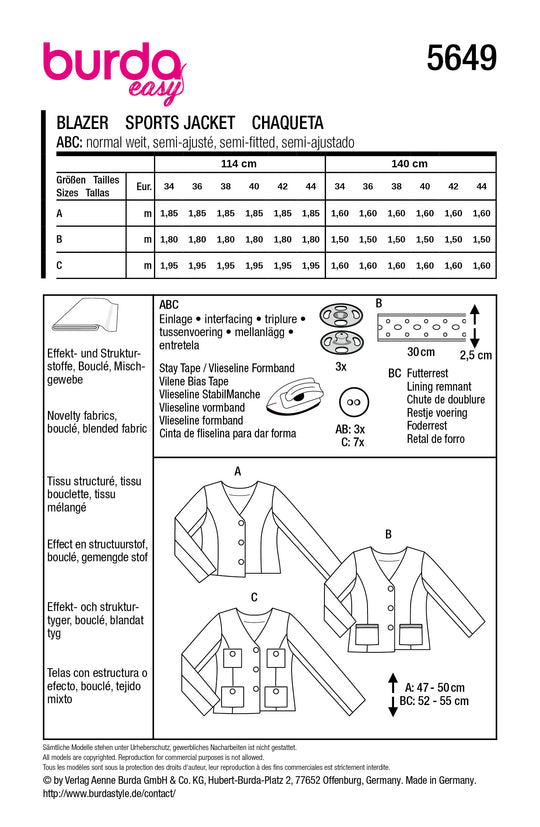 Burda Schnittmuster 5649 – Damen Blazer & Bouclé-Jacken
