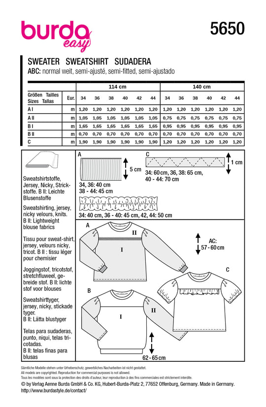 Burda Schnittmuster 5650 – Damen Sweatshirts im Casual- & Streetstyle