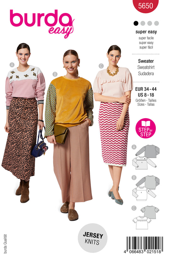 Burda Schnittmuster 5650 – Damen Sweatshirts im Casual- & Streetstyle