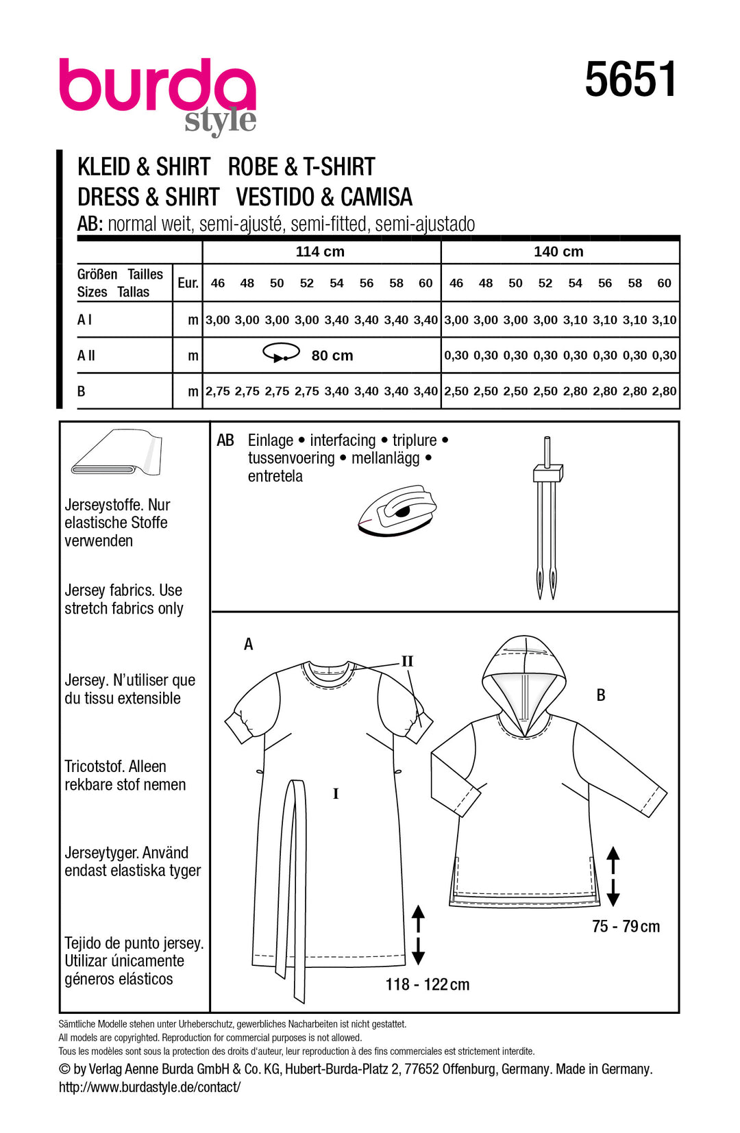 Burda Schnittmuster 5651 – Damen Jerseykleid & Hoodie