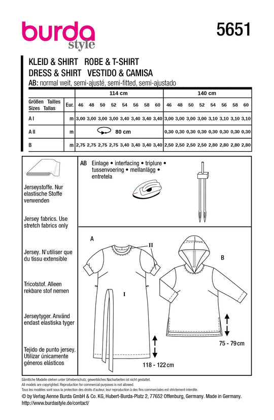 Burda Schnittmuster 5651 – Damen Jerseykleid & Hoodie