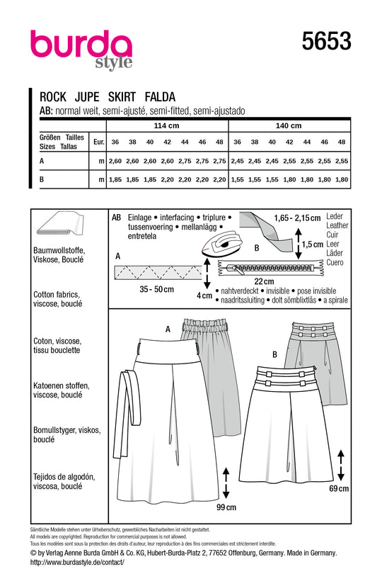 Burda Schnittmuster 5653 – Damen Midi Faltenröcke mit modernem Twist