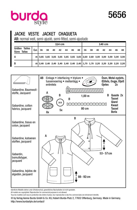 Burda Schnittmuster 5656 – Damen Parka & Blusenjacke mit Stil