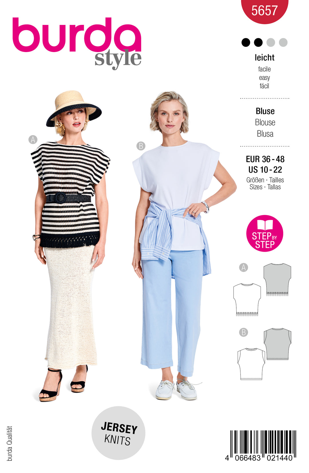 Burda Schnittmuster 5657 – Damen Kurzarm-Blusen mit besonderen Details