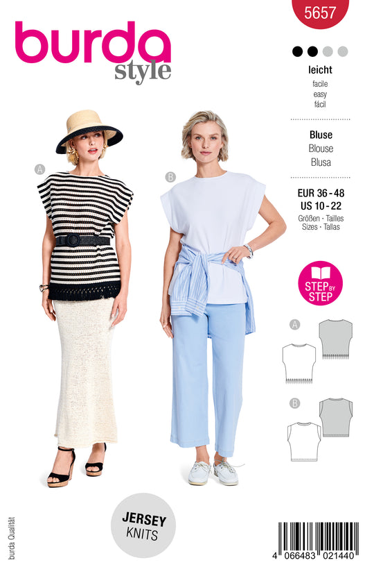 Burda Schnittmuster 5657 – Damen Kurzarm-Blusen mit besonderen Details