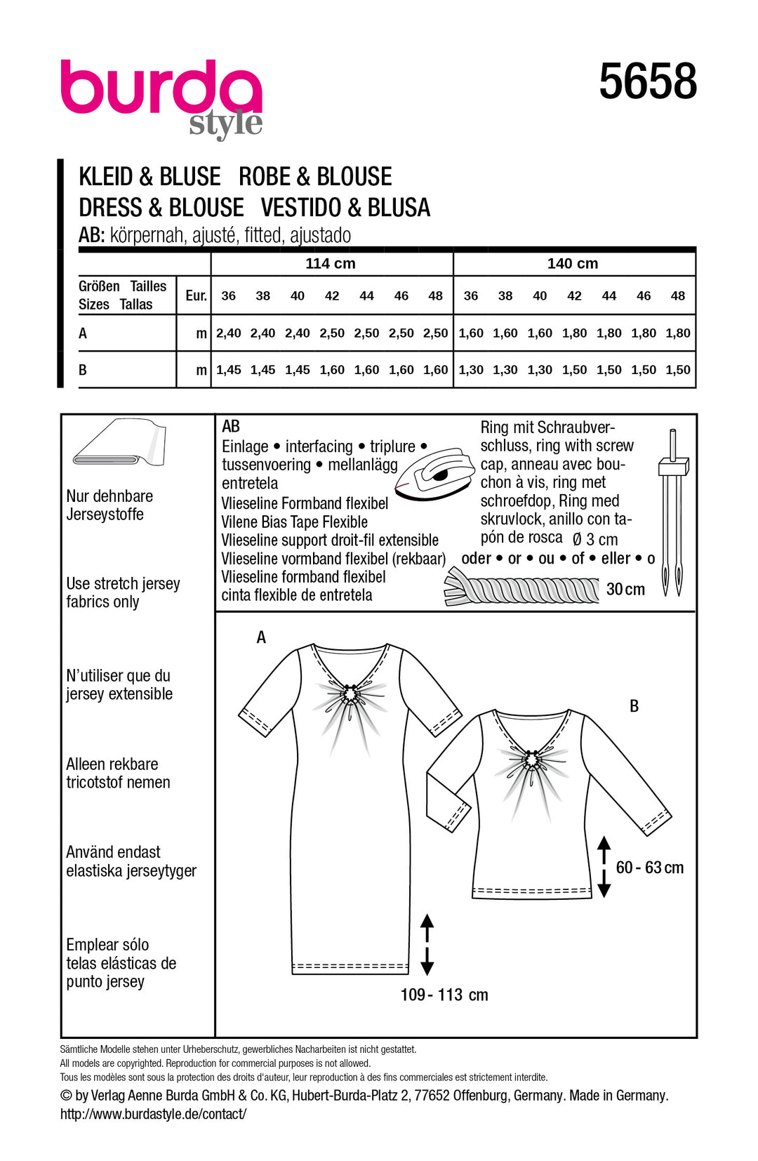 Burda Schnittmuster 5658 – Damen Jerseykleid & Bluse mit raffinierten Details