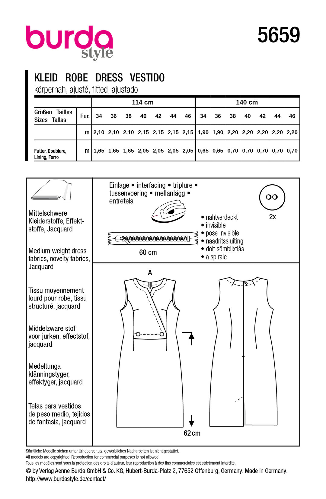 Burda Schnittmuster 5659 – Damen Etuikleid im 60er-Jahre Stil