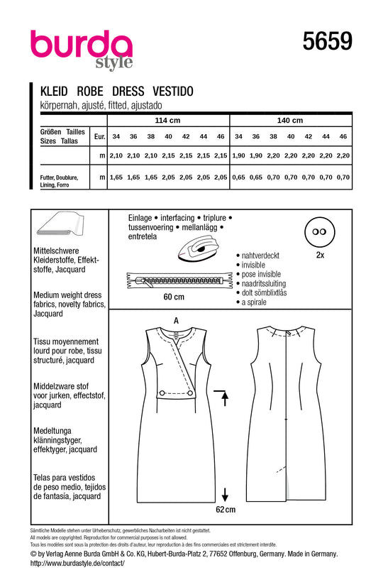 Burda Schnittmuster 5659 – Damen Etuikleid im 60er-Jahre Stil