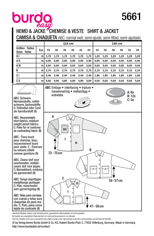 Burda Schnittmuster 5661 – Damen Hemd & kurze Jacken in 3 Varianten
