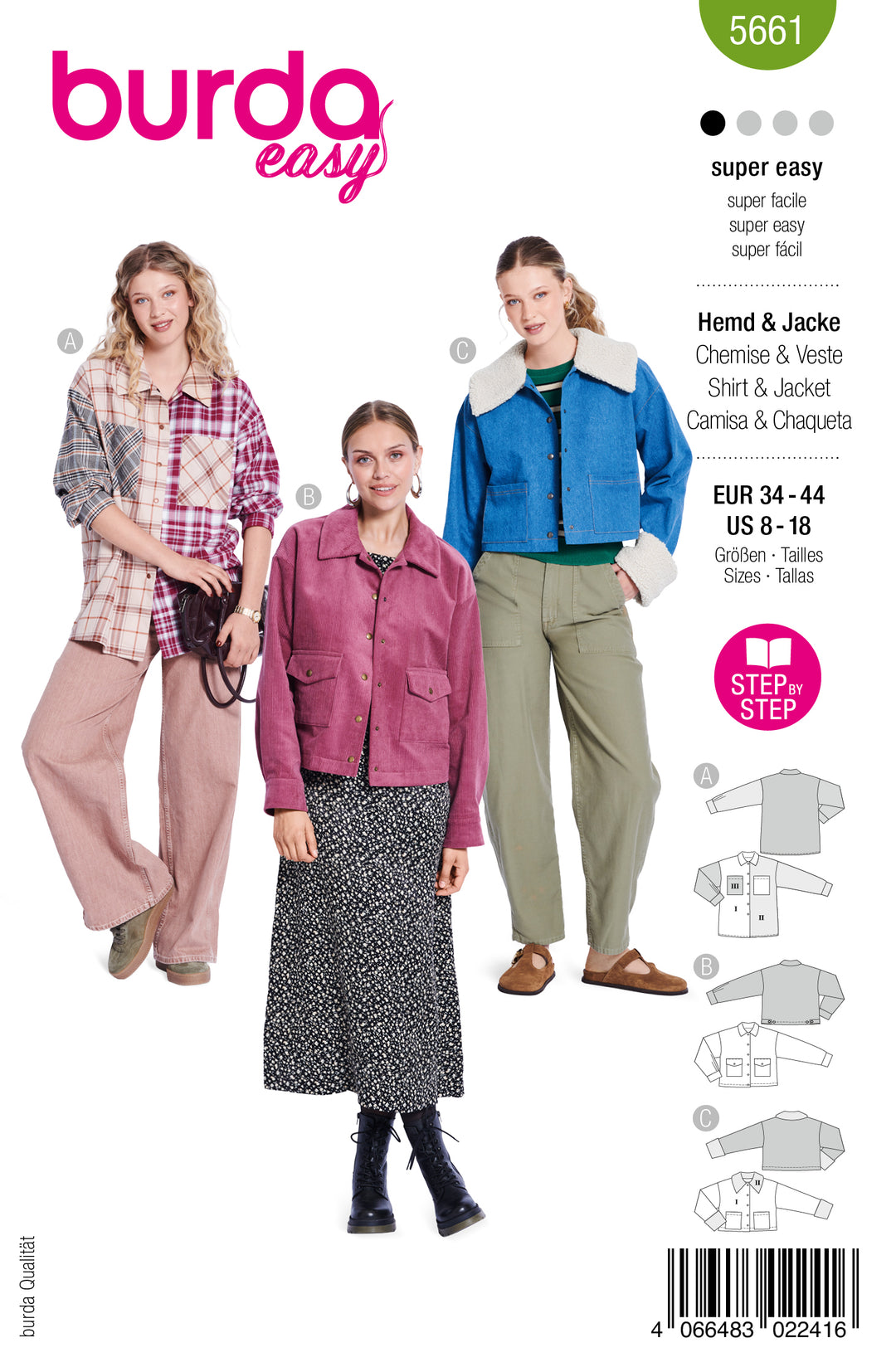 Burda Schnittmuster 5661 – Damen Hemd & kurze Jacken in 3 Varianten