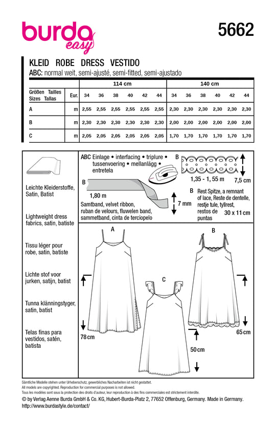 Burda Schnittmuster 5662 – Damen Trägerkleider & Slipdress in 3 Varianten
