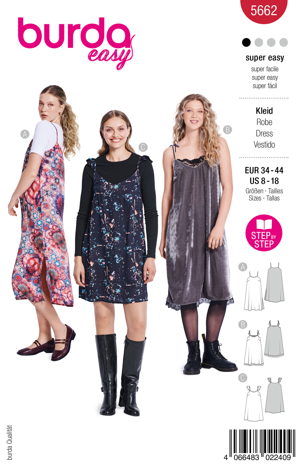 Burda Schnittmuster 5662 – Damen Trägerkleider & Slipdress in 3 Varianten