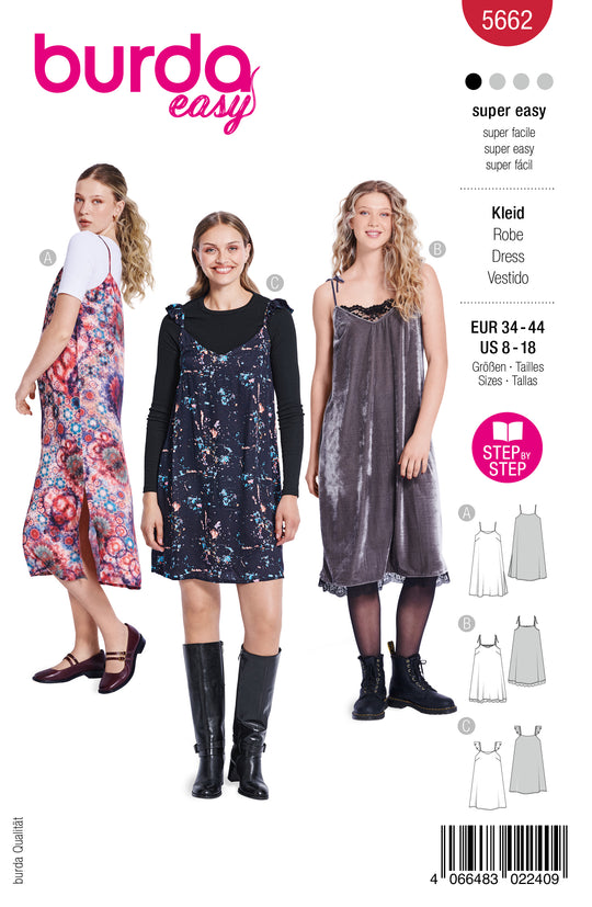 Burda Schnittmuster 5662 – Damen Trägerkleider & Slipdress in 3 Varianten
