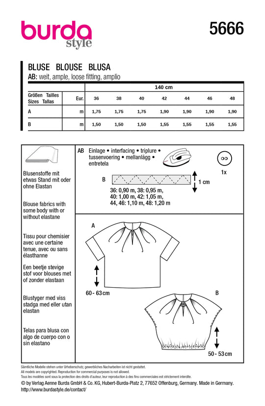 Burda Schnittmuster 5666 – Damen Raffinierte Blusen mit Falten-Details