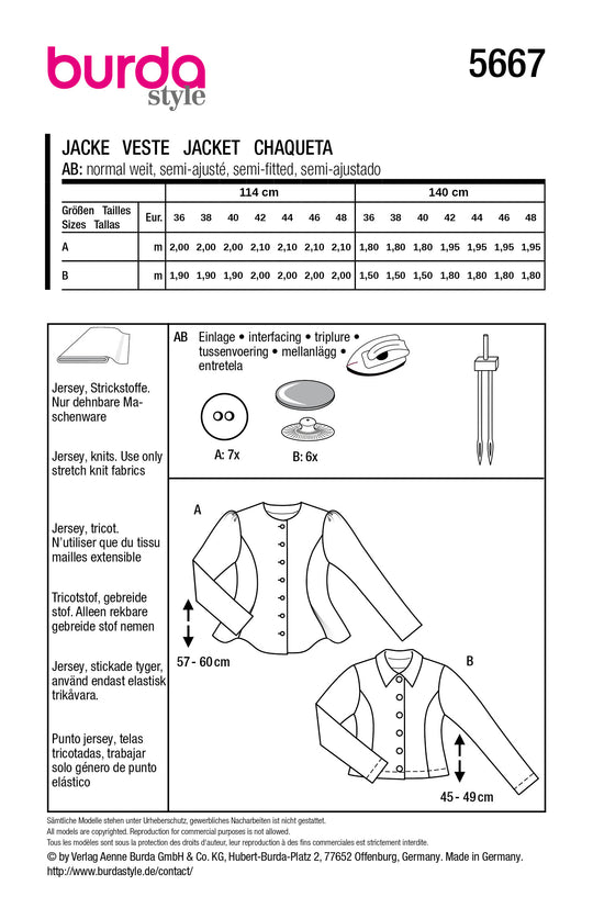 Burda Schnittmuster 5667 – Damen Cardigans mit Knöpfen